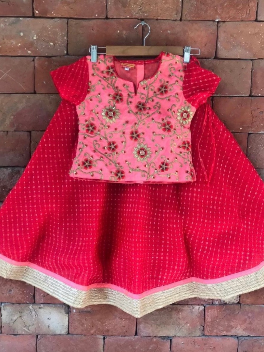 Girls Pink Embroidered Top with Red Skirt Set